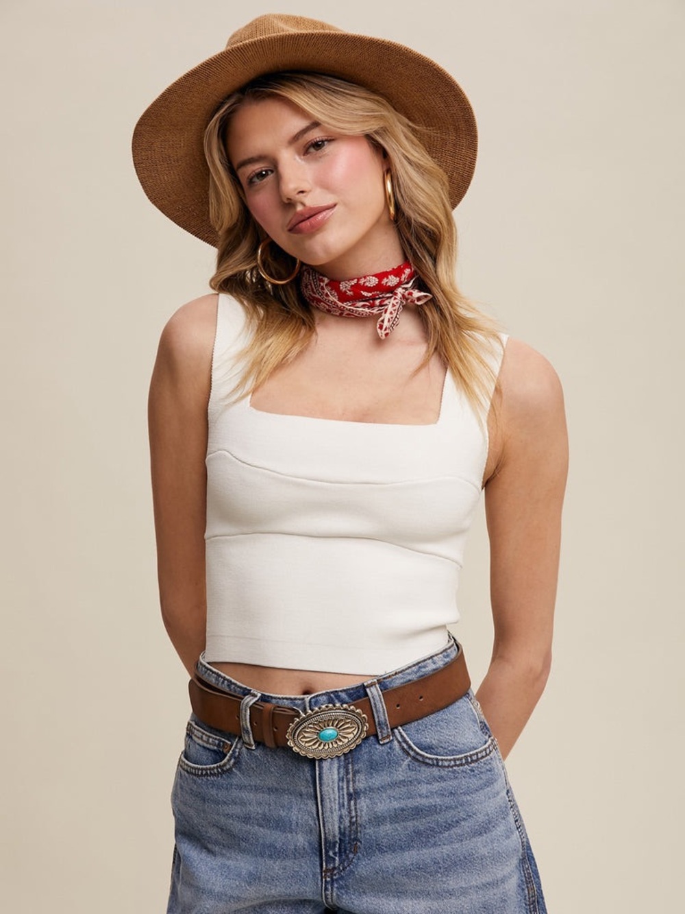 Listicle White Square-Neck Ribbed Crop Top